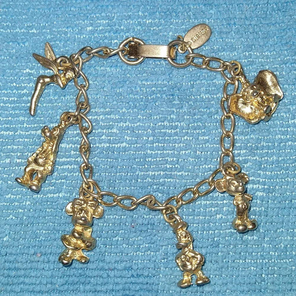 Vintage Disney Goldtone Mickey Minnie Donald Pluto Tinkerbell 7" Charm Bracelet. - Picture 4 of 5